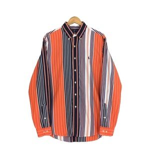 Ralph Lauren Mens Custom Fit Button Up Shirt XL 17.5 Striped Orange Blue Y2K